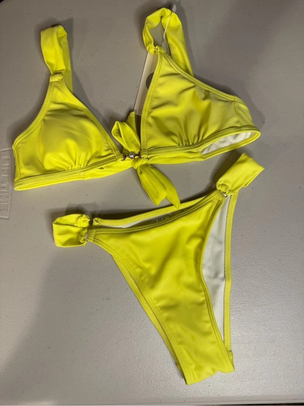 NEW Amazon QJQ 2 Piece Cheeky Bikini Set Tie Back Ring Pearl Yellow Size XS